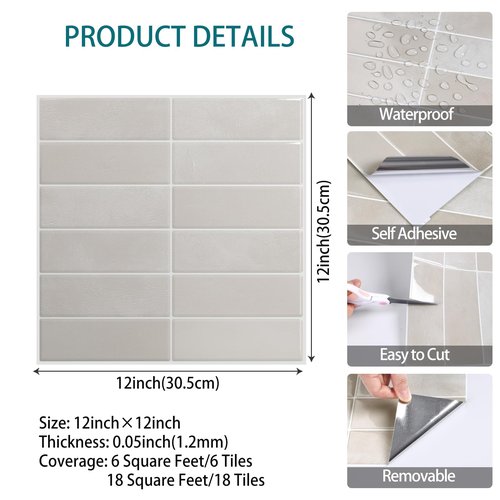 VaryStyle 18-Sheet Beige Backsplash Tile Peel and Stick Subway Wall Tiles Renter Friendly Stick on Backsplash for Kitchen Bathroom Waterproof Removable Mosaic Back Splashes for Stove Fireplace 12"x12"
