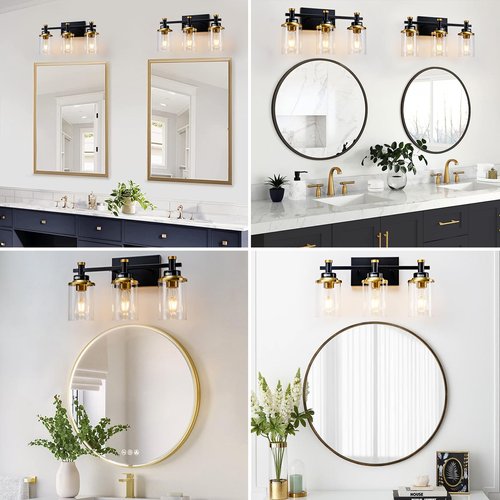 Aixialin 3 Light Bathroom Light Fixtures, Black and Brushed Gold Vanity Light Fixture Over Mirror, Modern Wall Sconces Lighting Wall Lamp for Bathroom, Bedroom, Hallway with Clear Glass Shade