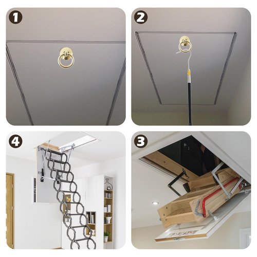 MABCIRY Stainless Steel Attic Pull System Hook Set with Handle Screw, Ladder Pull down System Kit, Brass Ring for Roof Inspections Attic, Ceiling Access Parts Tool