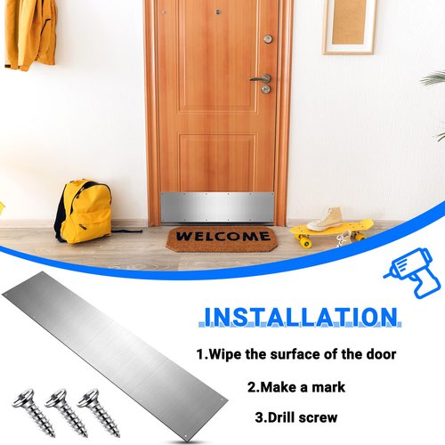 Therwen 10 Sets 8 x 36 Inches Silver Door Kick Plate for Exterior Doors, Satin Aluminum Kick Plates with Screws for Wood Metal Interior/Exterior Anti Scratch Door Protection
