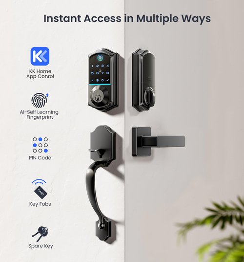 Veise VE017-H Fingerprint Smart Front Door Lock Set, App Control, Keyless Entry Deadbolt with Handle, Smart Deadbolt, Emergency Power Port, Touchscreen Keypad, Auto Lock, Easy Install, Matte Black