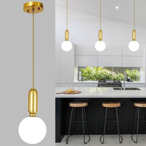 ZVXREZLD Modern Gold Pendant Light Hanging Fixture Light for Kitchen Island,Mid Century White Globe Glass One Light Pendant Lighting for Dinning Room Living Room Bedroom Entryway(3-Pack)