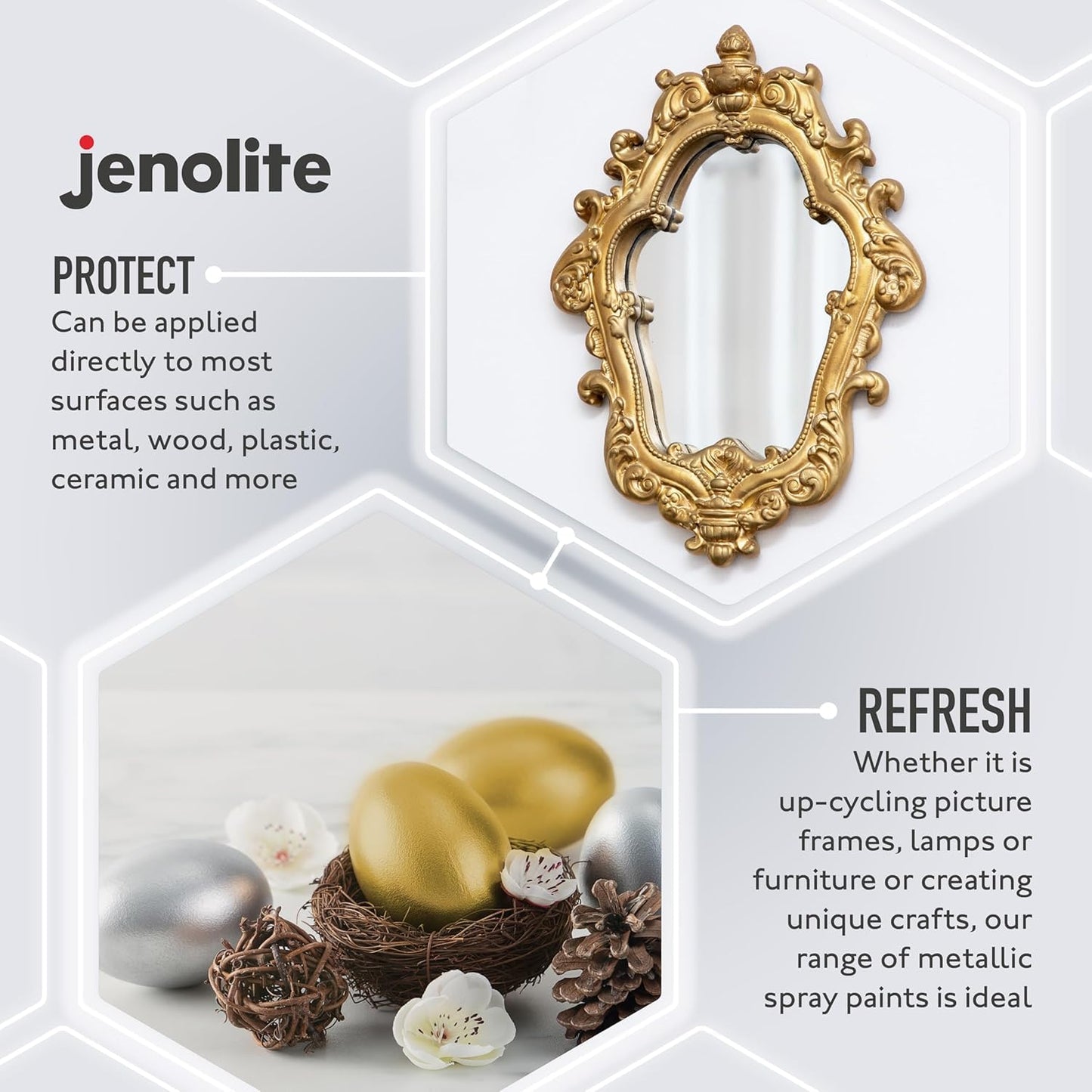 JENOLITE Directorust Spray Paint for Metal - GOLD - Metallic Gloss Finish for Indoor and Outdoor use - Multi-Surface for Metal, Plastic, Ceramic, Wood & Rusted Surfaces - 400ml (13.52fl oz)