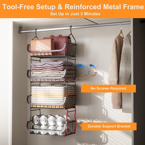 Metal Closet Hanging Organizer, 4 Tier Stackable Closet Organizers and Storage, Sturdy Clothes Hanging Shelves, Wire Storage Basket for Clothing Pants Coat Sweaters Handbags Hats, RV Pantry Organizer