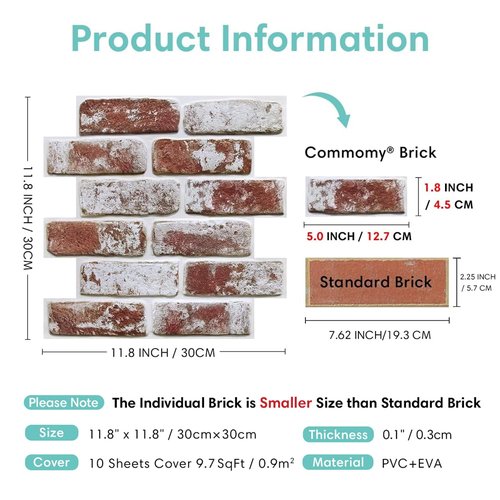 Commomy 10 Pcs 3D Faux Brick Panels -11.8"X11.8" Small Size Thin PVC Peel and Stick Brick Backsplash Farmhouse Red Brick Wall Paneling for Fireplace, Bedroom, Living Room, Kitchen, RV