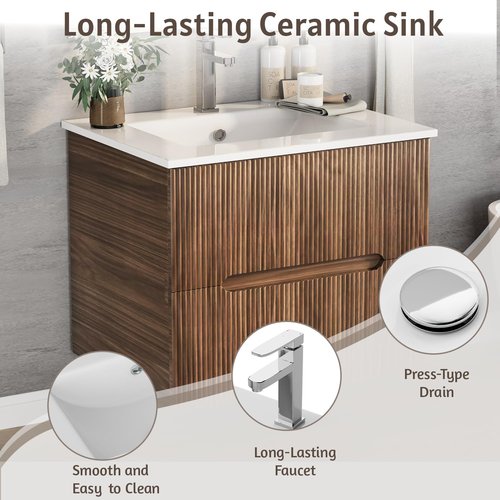 24'' Floating Bathroom Vanity Set, Wall Mounted Bathroom Cabinet with Ceramic Sink, 2 Fluted Drawers & Hidden Handles(Natural)