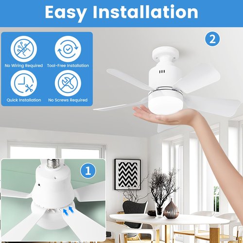 Socket Fan Light with Lights Ceiling Fans with Remote and App Control 3 Colors 3000K-6500K 2800 Lumens Light Bulb Fan Screw in Small Ceiling Fans for Bedroom Living Room Kitchen Garage (White)