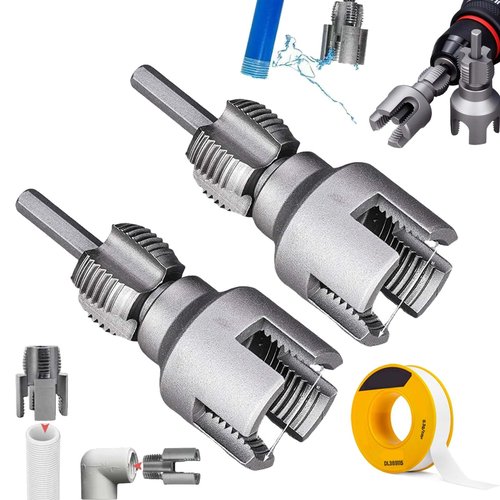 Integrated Internal & External Pipe Threading Tool, Dual-Function Pipe Thread Cutting Tool, 1/2'' 3/4'' 1'' Dies, Electric Drill Compatible PVC & Plastic Pipe Threader Kit for Home Repair (2PCS All)