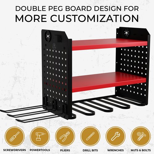 BUILTSTRONG Power Tool Organizer-6 Drill Holder Wall Mount, 3 Tier Heavy-Duty Hand Tool Storage Rack, Utility Racks, Drill Holder, 2 Pegboard Sides - Garage Storage Cordless Tool Organizer (Red)