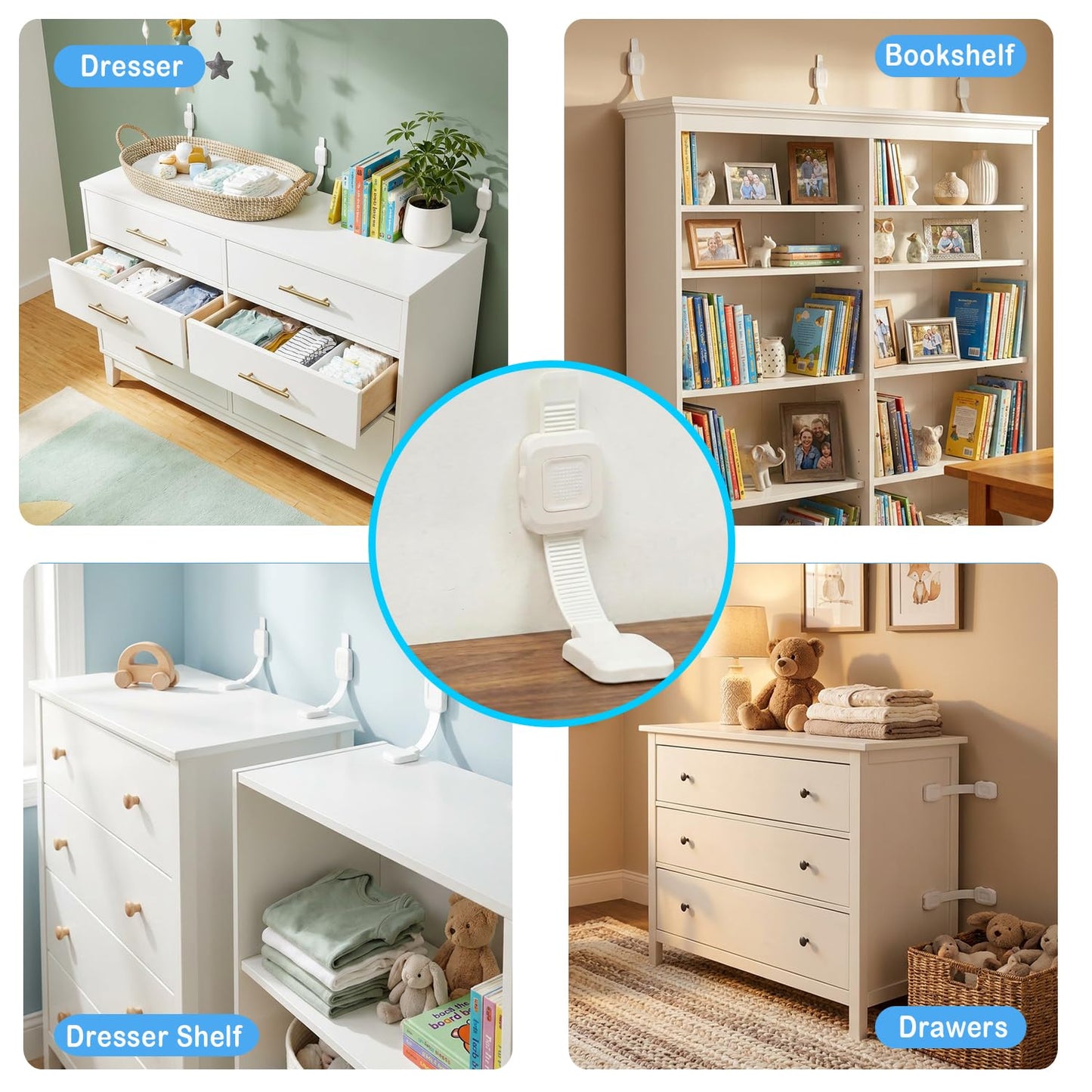 YEYA Upgraded No Drill Furniture Anchors for Baby Proofing, Anti-Tip Adjustable Straps, 4 Pack
