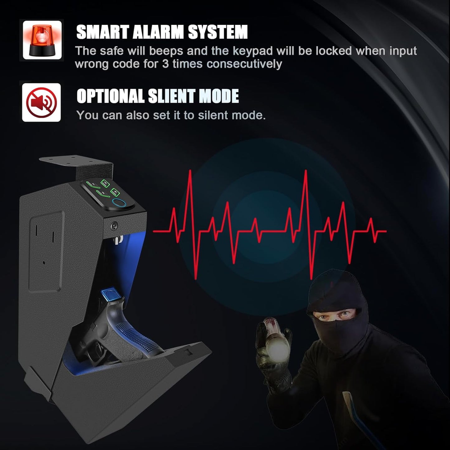 Biometric Mounted Handgun Gun Safe for Nightstand, Desk, Bed Side, Wall,Truck - Auto Open Hidden Hand Gun Safe for Pistol -with Fingerprint, 6-button Backlit Keypad, KEY Access