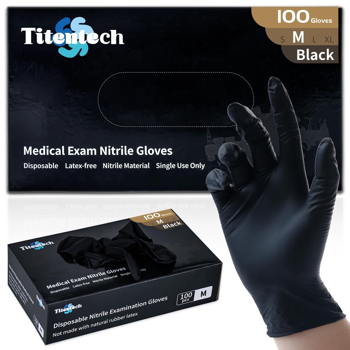 Titentech Disposable Nitrile Exam Gloves Black Cooking Gloves Disposable Food Safe 3mil 100PCS/BOX, Medium, Chemical Resistance, Salon Work, Tattoos