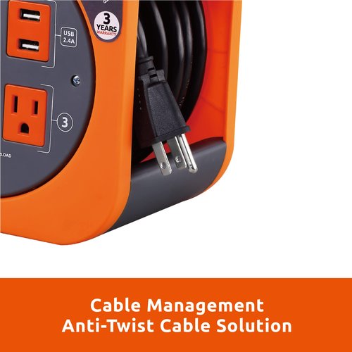 Link2Home Cord Reel 25 ft. Extension Cord 4 Power Outlets, 2 USB Ports, 2.4A Fast Charge – 16 AWG SJT Cable.