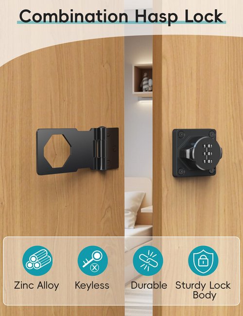 I-EASYDWW Cabinet Password Hasp Lock, Keyless Combination Lock for Small Doors, Barn, Bathroom, Outdoor, Garage, Garden, Black