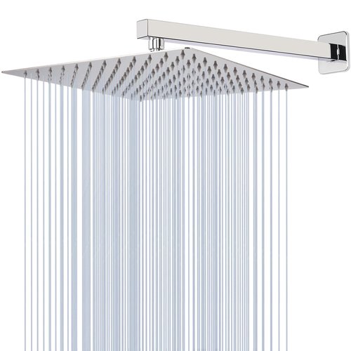 Katezon 10" High Pressure Rainfall Shower Head with 16" Shower Arm, Stainless Steel Square Showerhead Self-Cleaning Silicone Nozzles, Ultra-Thin Design, Universal Wall and Ceiling Mount (Chrome)