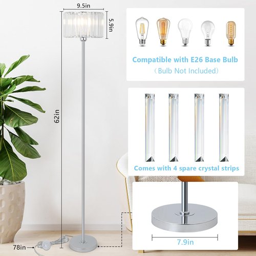 HMVPL Crystal Floor Lamp, Chrome Pole Floor Lamp with K9 Crystal Shade, Silver Standing Lamp with On/Off Switch, Modern Corner Tall Lamp for Living Room Bedroom Nursery Office Home Decor
