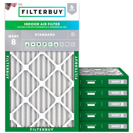 Filterbuy 14x30x2 Air Filter MERV 8 Essential Dust & Allergy Defense (6-Pack), Electrostatic Pleated HVAC AC Furnace Filters Replacement, Made in USA (Actual Size: 13.50 x 29.50 x 1.75)