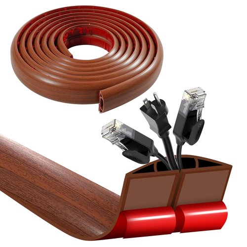 BEIEBIJOB 3.3ft Self Adhesive Floor Cord Cover,Heavy Duty Soft PVC Cable Protector and Extension Cord Hider,Cord Management System to Hide Wires on Floor,Cable Cavity:0.61"(W) x 0.32"(H) Walnut Wood