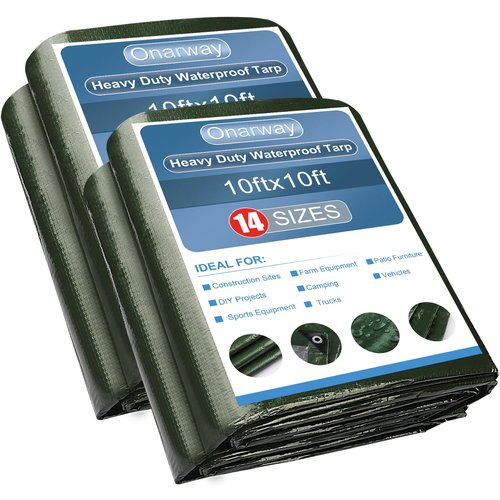 Onarway Poly Tarps Waterproof for Outdoor: Green Tarpaulin 6Mil Thicken 10x10 Ft 2Packs- Anti-UV Waterproof Tarp Cover with Grommets Multipurpose for Boat Pool Roof Camping