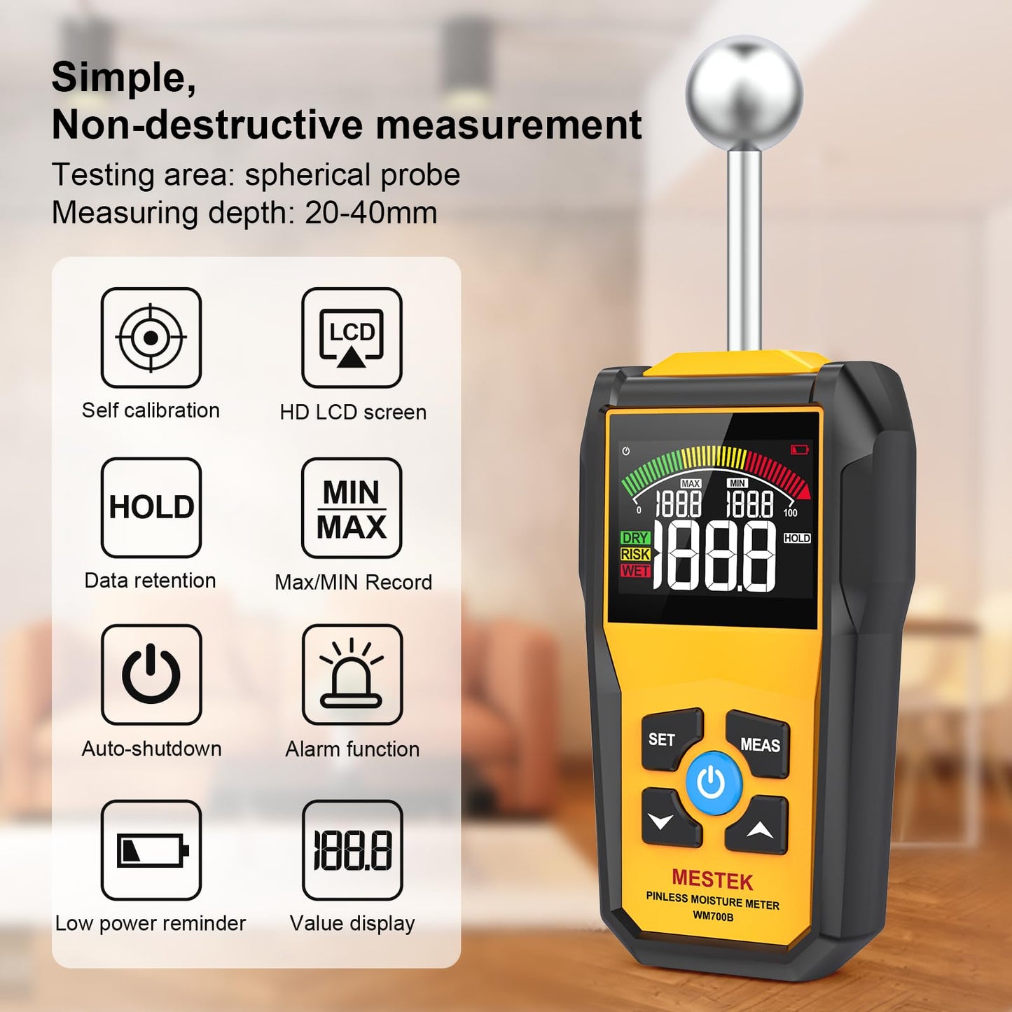 MESTEK Wood Moisture Meter for Non-Destructive Moisture Detection in Drywall, Wood, and Masonry, Moisture Tester with Backlit Color LCD Display & Alarm Function, Detects up to 20-40mm Below Surface