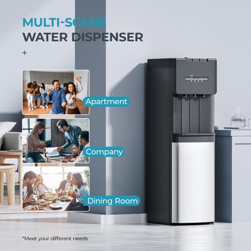 Euhomy Self-Cleaning Bottom Loading Water Dispenser, 3 Temperatures(Cold/Hot/Warm) with Child Lock, Display Light, Suitable for Apartments, Schools, Companies, Black&Silver