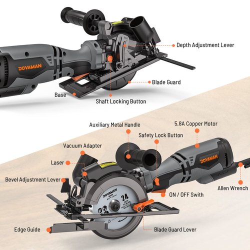 DOVAMAN Circular Saw, 5.8A 4-1/2" Circular Saw w/Laser, Metal Auxiliary Handle, 6 Blades (4½", 4¾"), Cutting Depth 1-11/16" (90°), 1-3/8" (45°), Ideal for Wood, Soft Metal, Plastic, Tile - MCS01A
