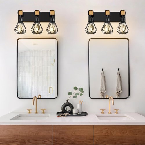 IZORRO Farmhouse Bathroom Vanity Light Fixtures, 3-Light Wood Bathroom Lighting Fixtures Over Mirror, Black Rustic Industrial Sconces Wall Lights with Metal Lampshade for Living Room, Bedroom