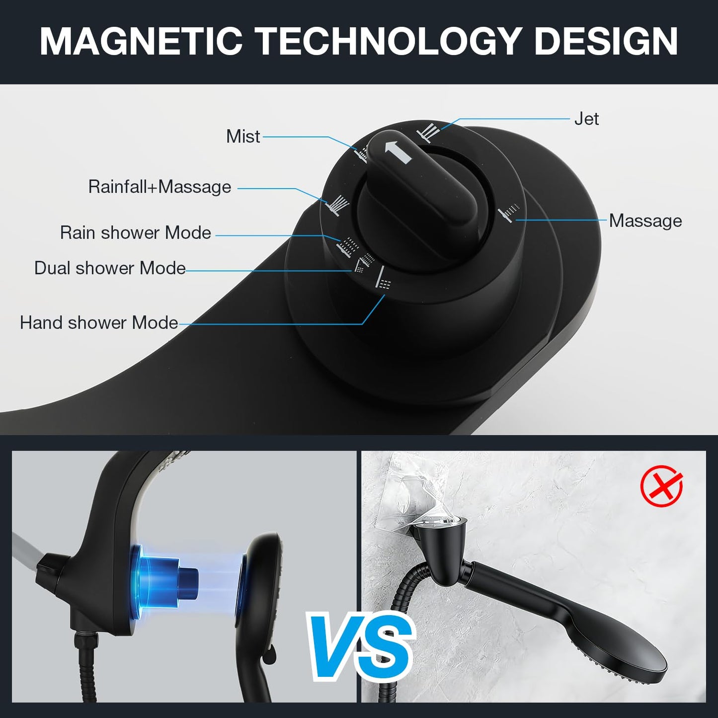 High Pressure Rain Shower Head with Handheld Spray Combo Fixed Showerhead Dual Shower Head Set 10 Sprays Detachable Hand Held Showerheads Built-in Magnetic System Matte Black
