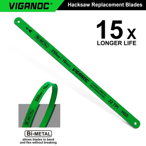 Viganoc 10" Hacksaw Replacement Blades Set, Bi-Metal High Speed Steel Hack Saw Blade Sets - 18T - 24T - 32T HSS Saw Blades, 10 Pack