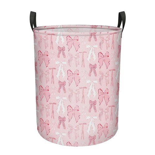 Pink Bow Laundry Basket for Women Girls, Large Canvas Collapsible Organizer Storage Basket for Nursery,Office,Toy Organizer,Home,Decor - 19.7" X 15.7 "