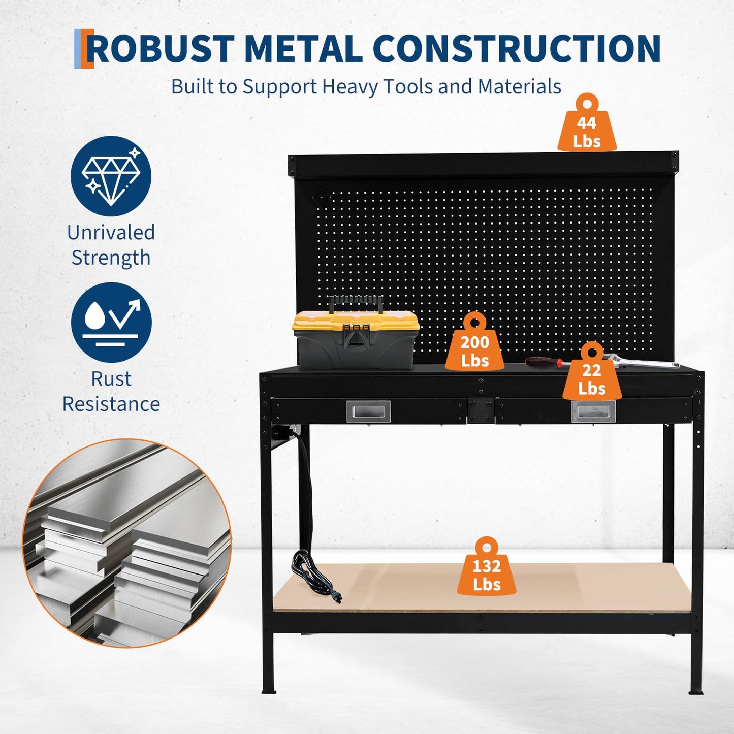 TrailBlaze 48.99"x 22.99" Workbench with 2 Drawers, 2-Tier Heavy Duty Workstation with Power Outlet, Pegboard and Shelf, Metal Tool Multifunctional Workbench for Garage Workshop