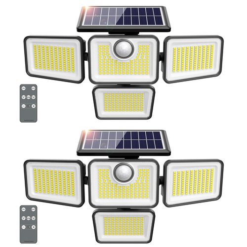 omibee 3000LM Solar Lights Outdoor, 4 Adjustable Heads Motion Sensor Lights, 3 Mode, IP65 Waterproof Solar Security Wall Lights, Remote Control Flood Lights, Graden, Outside, Backyard, 2 Pack