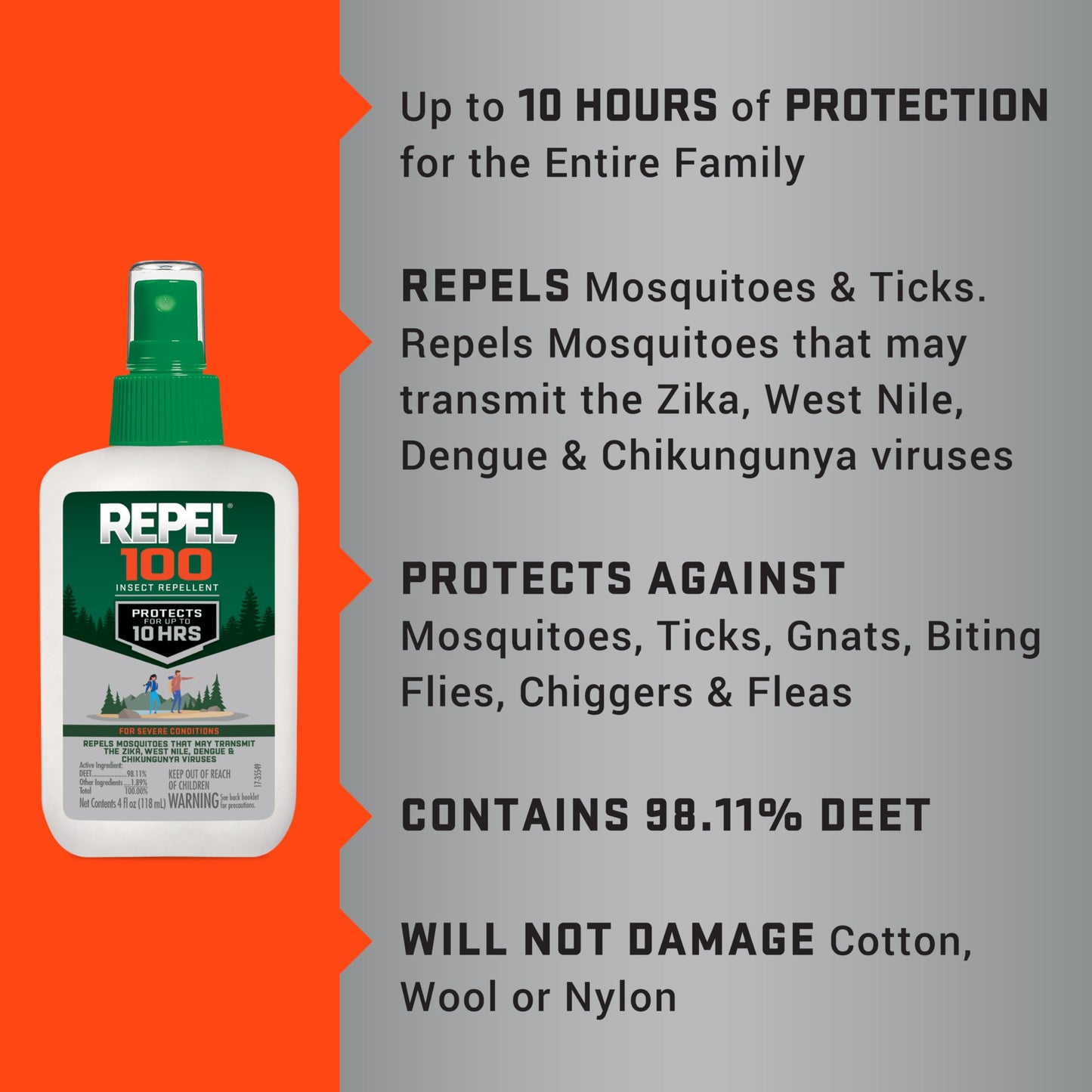 Repel 100 Mosquito and Insect Repellent, 4 Ounces, With DEET, 10-Hour Protection Long-Lasting Insect Repellent Bug Spray Repels Mosquitoes, Ticks, Gnats, Biting Flies, Chiggers And Fleas