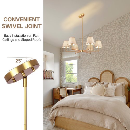 ZORYATA Boho Rattan Chandelier, 6-Light Gold Hanging Ceiling Light Fixture, Adjustable Rustic Pendant Lamp for Dining Room, Kitchen Island, Living Room, Bedroom, Sloped Ceiling Lighting