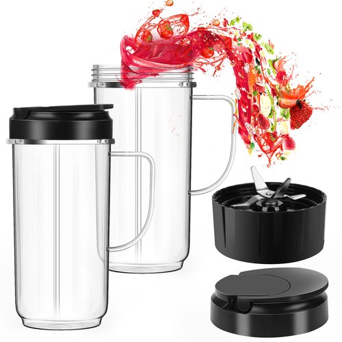 UBYNID 2 Pack Magic Bullet Blender Cups, Tall 22oz Cup with Flip Top To-Go Lid & 4 Fins Cross Blade Blender Replacement Parts, Replacement Cup Mug with Handle Compatible with Magic Bullet 250w MB1001