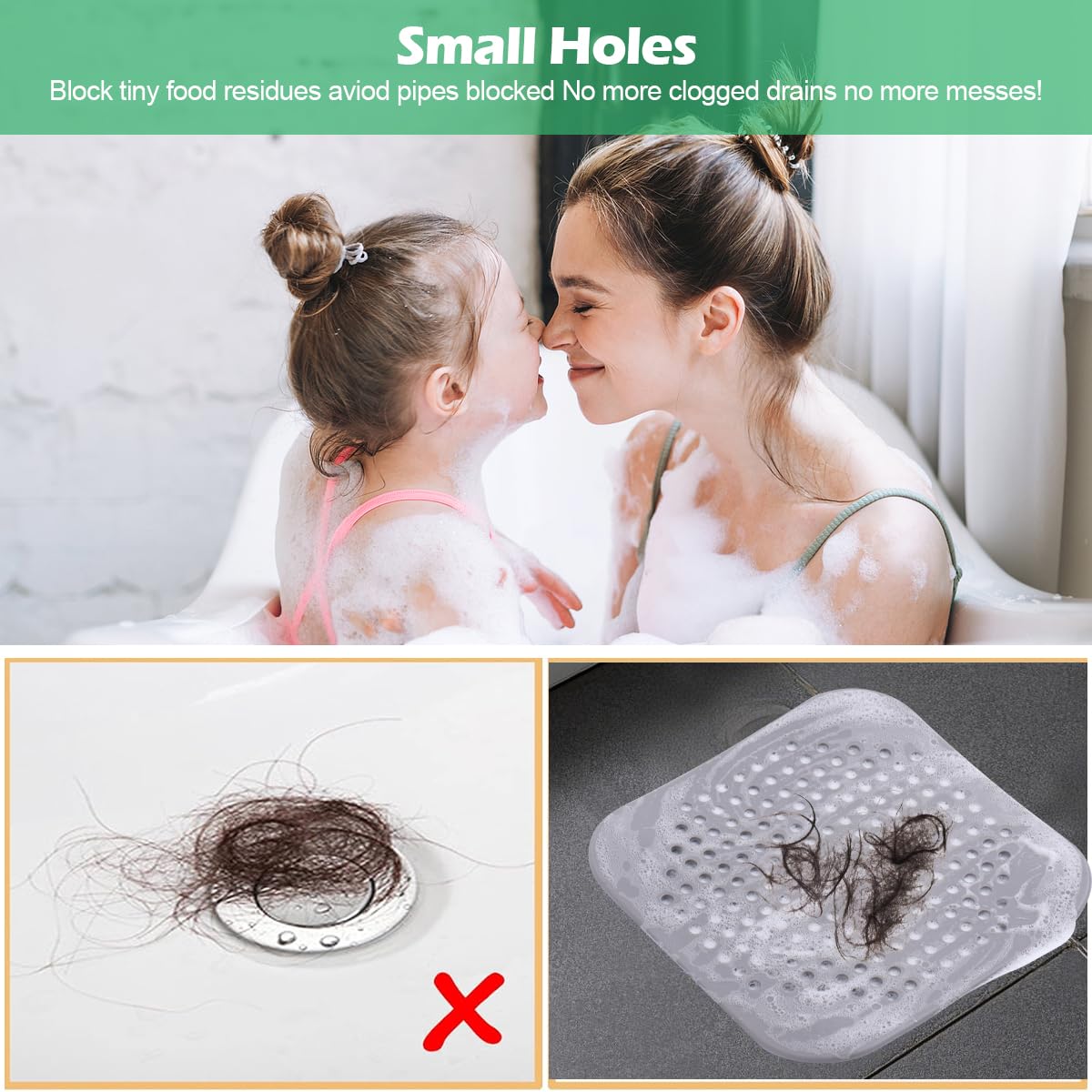 3 Pack Hair Catcher Drain Cover with 4 Suction Cups, 5.7x5.7 Inch TPR Square Sink Strainer for Bathroom, Kitchen, Shower & Tub, Durable, Easy to Clean, Grey