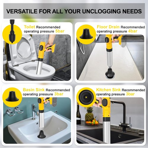 Electric Toilet Plunger Pro Compatible for Dewalt 20V Battery (Not Included) - Cordless Powerful High Pressure Unclogger, Drain Auger with 3 Heads for Bathroom, Safety & Portable Toilet Unclogged Tool
