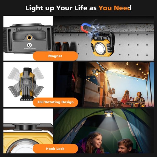 Samyoung 2 Pack Super Bright Rechargeable Work Light, 28 Hours Long Lasting Stepless 2700-8000K White Warm & Brightness Magnetic LED Work Light, Ultralight 360°Rotating Portable Light with Hook