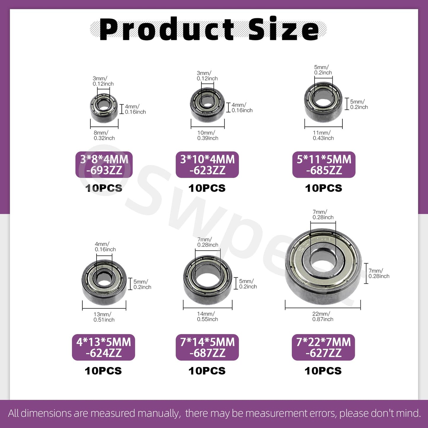 Swpeet 60Pcs 6 Sizes 693ZZ, 623ZZ, 624ZZ, 685ZZ, 687ZZ,627ZZ Ball Bearings Assortment Kit, Carbon Steel Deep Groove Bearings, Double Shielded Bearings, Small Bearing