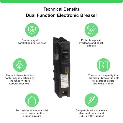 Square D - HOM120PDFC Homeline Plug-On Neutral 20 Amp Single-Pole Dual Function (CAFCI and GFCI) Circuit Breaker,