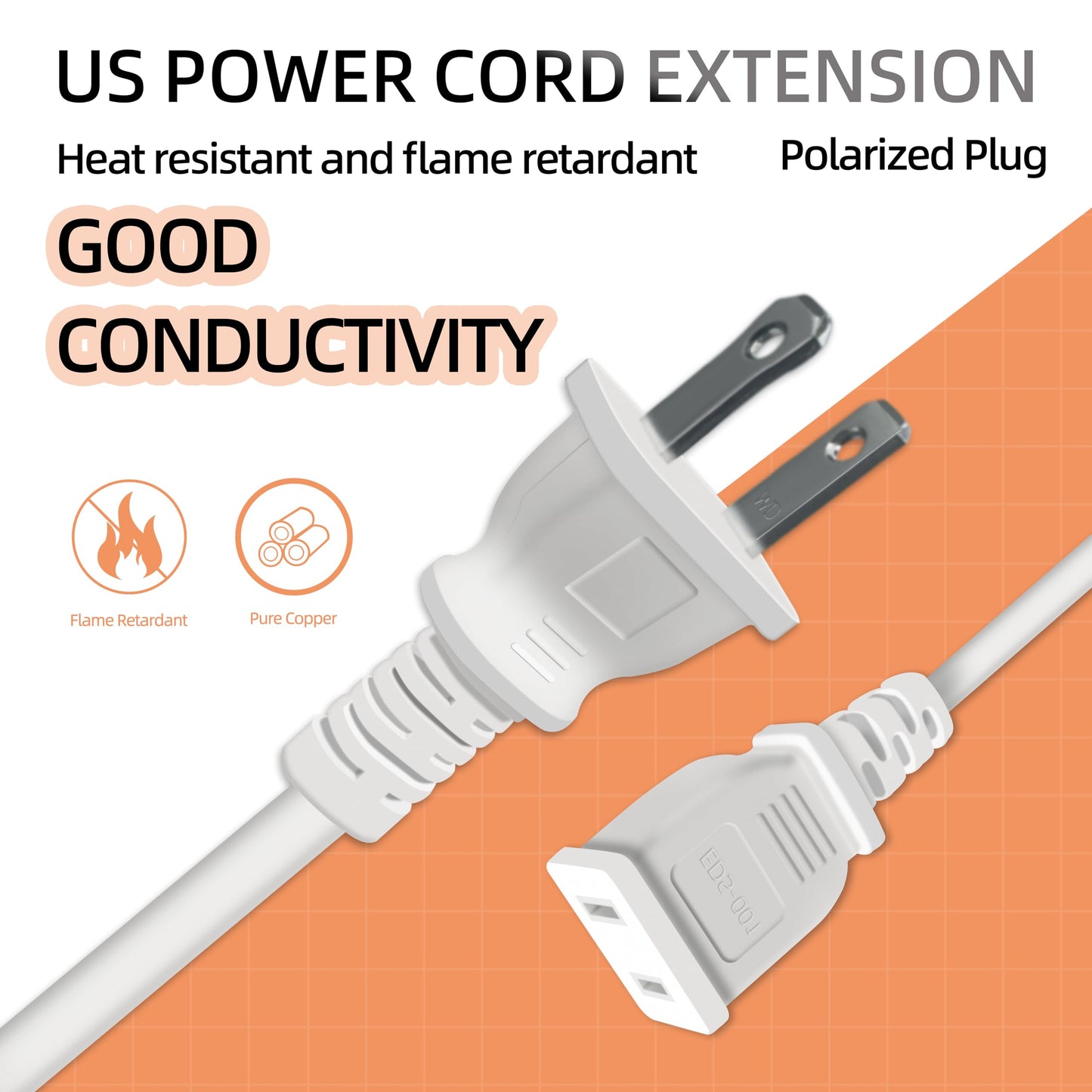 6FT Short Thin Extension Cord Indoor, White, 2 Prong, 5A 125V 625W (1Pack)