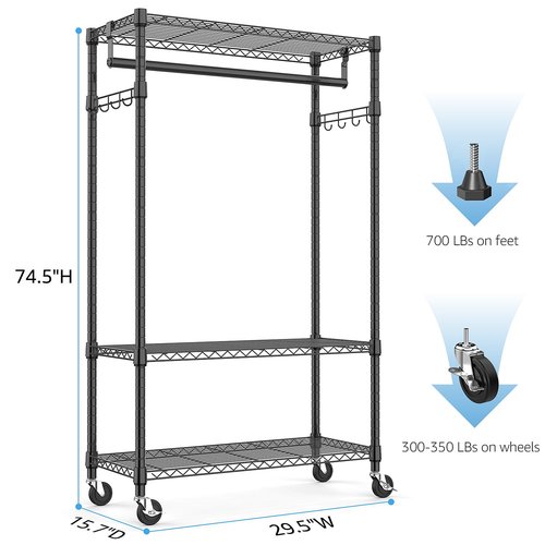 M MZG Heavy Duty Rolling Garment Rack 3 Tiers Adjustable Wire Shelving Clothes Rack with Rods and Side Hooks,Storage Closet Clothing Rack with Wheels Black 15.7" D x 29.5" W x 74.5" H
