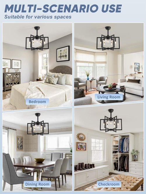 DDLLDESHI Black Chandelier fan Farmhouse Ceiling Fan with Light and Remote Modern fandelier ceiling fan with light for Bedroom,Kitchen,living room,foyer(6 Speed, Timing Adjustable Height)