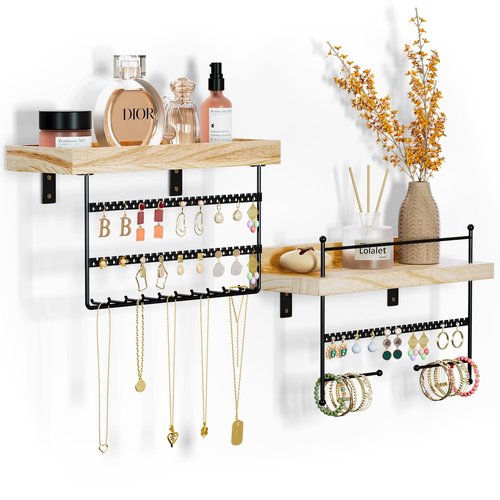 Lolalet Hanging Jewelry Organizer Wall Mount with Earrings, Bracelets, Necklaces Hooks - Easy Install Free Combination Jewelry Holder for Wall Bathroom - Set of 2, Black