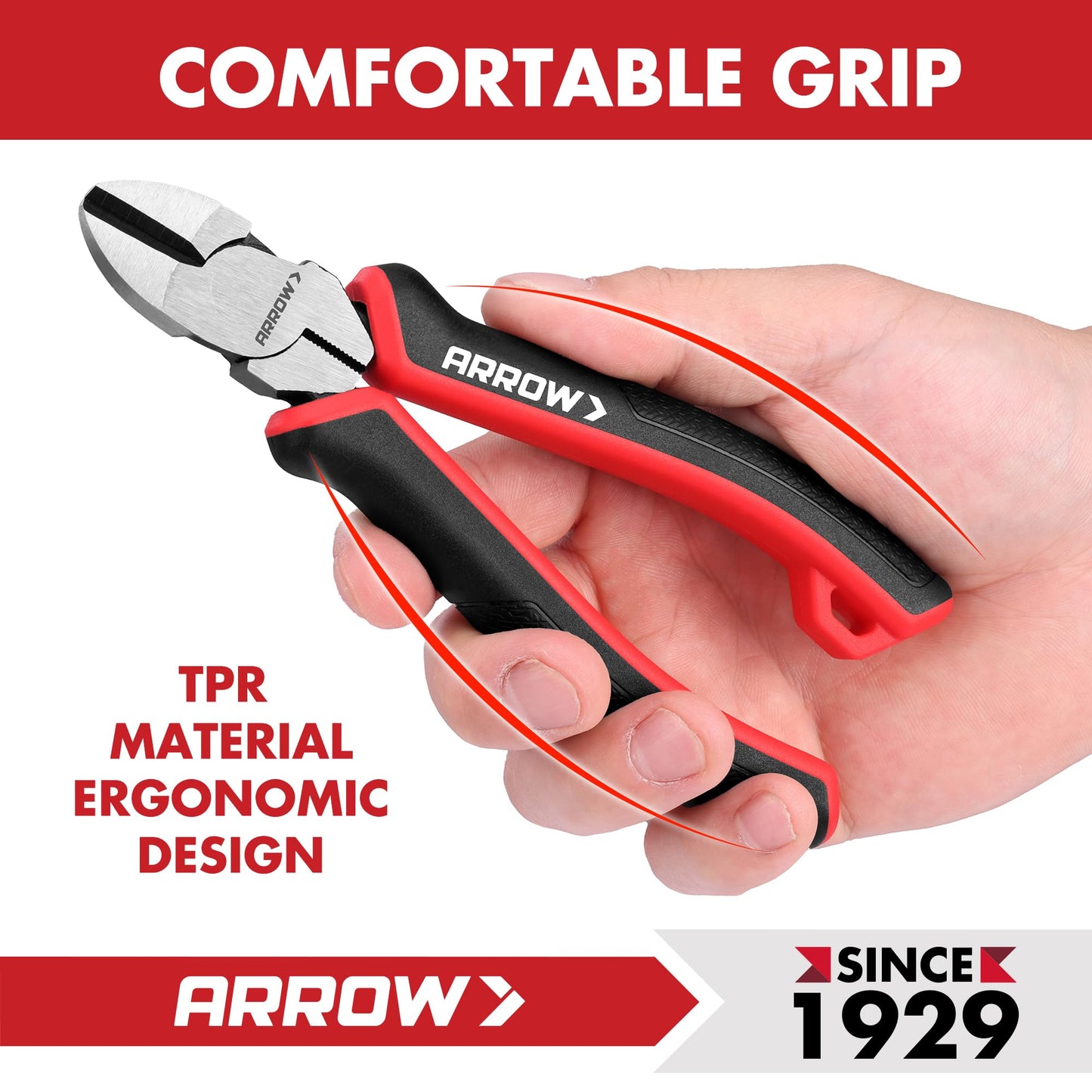 ARROW High Leverage Diagonal Pliers, 6 Inch Wire Cutters with Comfortable TPR Handle, High Carbon Steel Side Cutters for Cutting Wire