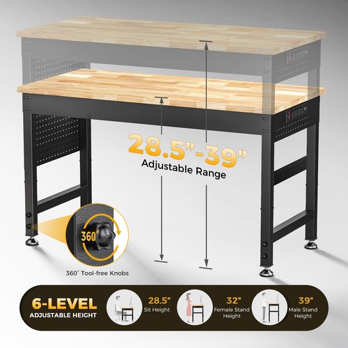 CAMMOO 48" Adjustable Heavy Duty Workbench, 2000 LBS Load Capacity Rubber Wood Work Table with Pegboard, Power Outlets, Work Bench for Garage, Workshop, Office, Home, Commercial