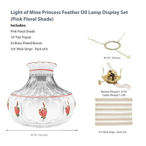 Light of Mine - Princess Feather Oil Lamp Replacement Kit Including 10" Pink Floral Shade, #2 Brass Plated Burner, 10" Flat Tripod, Replacement 3/4" Wick Strips