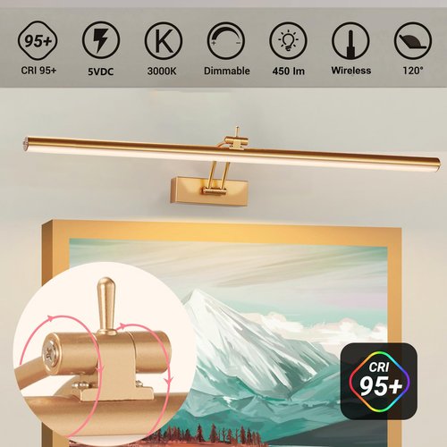 Yuichoy 2 Pack 24 inch Picture Light Battery Operated for Wall, Wireless Display Art Lighting for Painting with Remote, Dimmable 6400mAh Picture Frame Lights for Gallery, Brass