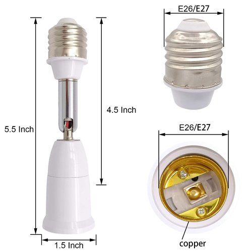 E26/E27 Light Socket Extender, 4.5 Inch Extension Socket Extender Adapter, Adjustable Vertical 180°Horizontal 360°, Flexible Medium Light Bulb Socket Converter (2-Pack)