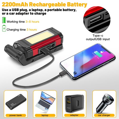 Rechargeable LED Magnetic Work Light 2 Pack, Portable Tool Gifts for Men, 7 Flashlight Modes with Kickstand and Carabiner, 360° Rotating Head and USB Charging for Camping, Hunting, and Car Repairs